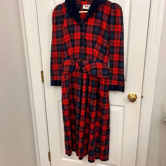 Vintage Lanz Originals 80s Red Plaid Velvet Trim Peplum Tartan Dress Sz XS - Picture 12 of 15